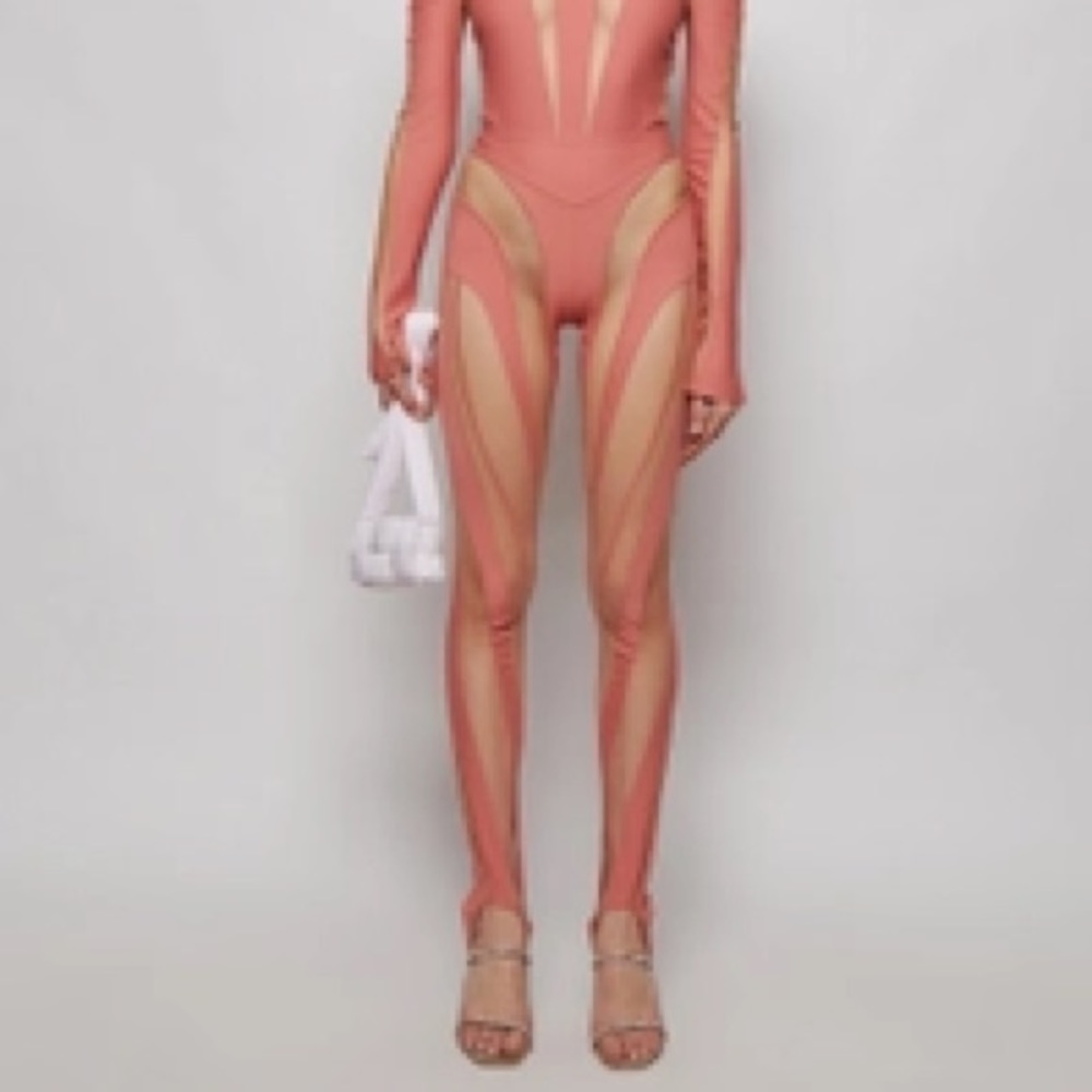 Mugler SHEER SPIRAL LEGGINGS Blush Pink and Light Nude